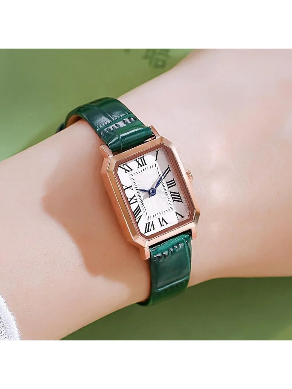 Women's Green Rose Gold White Leather Strap Vintage Rectangle Elegant Wristwatch